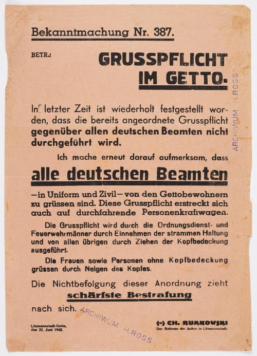 Announcement No. 387:  Regulations concerning the saluting/greeting in the Ghetto