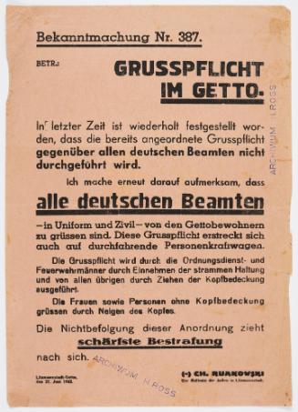 Announcement No. 387:  Regulations concerning the saluting/greeting in the Ghetto