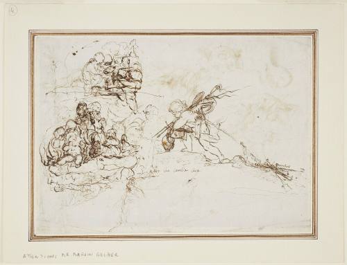 Sheet of Studies with Cupid Moving House (recto); Studies of Fighting Figures including a Satyr (verso)
