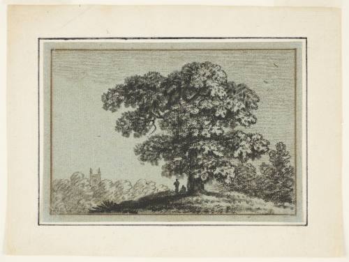 Landscape with tree, two figures, and a church tower