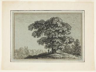 Landscape with tree, two figures, and a church tower