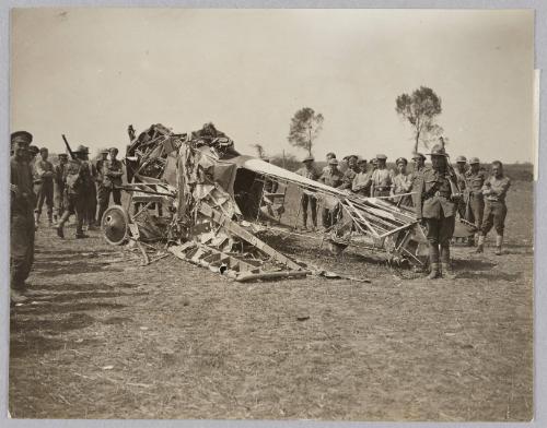 A Boche single seater photographed 15 minutes after it landed, the pilot although badly injured, is expected to live. It was brought down in the Canadian lines, 13 August 1918