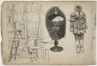 Library, lamp, figure dressed in fur