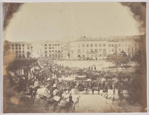 The Funeral Procession of Grand Duke Nicholas of Russia, crossing the Pont Neuf, Nice, on 28th April, 1865. Photographed from a window of a building on the Place Charles-Albert