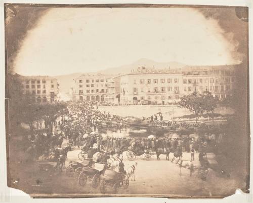 The Funeral Procession of Grand Duke Nicholas of Russia, crossing the Pont Neuf, Nice, on 28th April, 1865. Photographed from a window of a building on the Place Charles-Albert