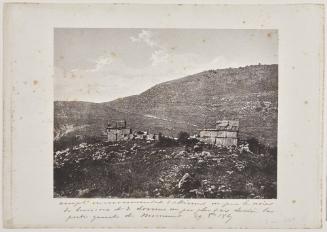View of architectural ruins, remains of a sculpted frieze with animals in profile resting on top of two courses of stonework to right hand side. Related to, but perhaps not published in, [Duc de Luynes], Voyage d'exploration à la mer Morte, à Petra et sur