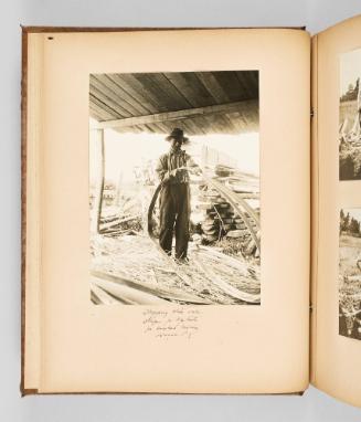 Stripping white oak strips for splints for basket making, Odanak, P.Q. Page 12 of The Abenaki; from collection of Canadian albums compiled by Edith S. Watson, 1890s-1930s