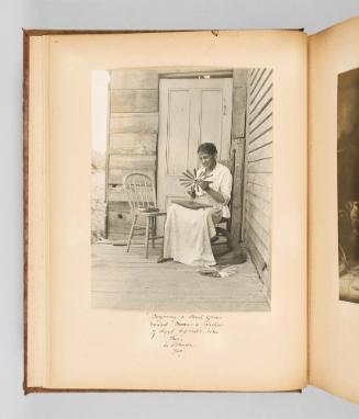 Beginning a sweetgrass basket means a circle of dyed splints, like this. In Odanak, Que. Page 8 of The Abenaki; from collection of Canadian albums compiled by Edith S. Watson, 1890s-1930s