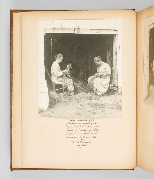 French habitant girls picking over sweetgrass grown on their home farm, which is made up into "hanks" and sold to the Abenaki Indian basket makers. In St. Francois du Lac. Page 6 of The Abenaki; from collection of Canadian albums compiled by Edith S. Watson, 1890s-1930s