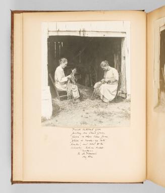 French habitant girls picking over sweetgrass grown on their home farm, which is made up into "hanks" and sold to the Abenaki Indian basket makers. In St. Francois du Lac. Page 6 of The Abenaki; from collection of Canadian albums compiled by Edith S. Watson, 1890s-1930s