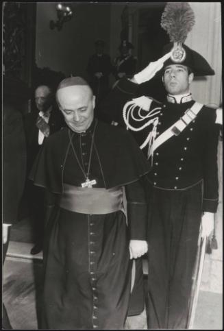 Cardinal Giovanni Benelli leaving St. Peter's Basilica, flanked by ceremonial guard