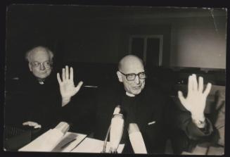 Pedro Arrupe and Vincent O'Keefe at a press conference following the thirty-second General Congregation of the Jesuits in 1975, Rome