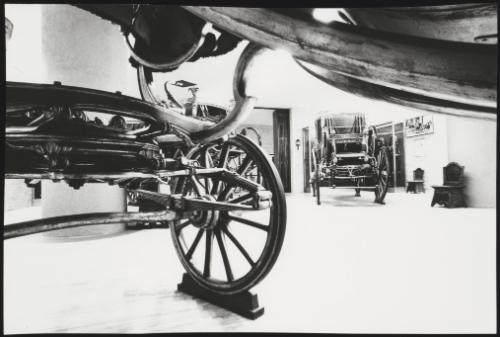 A view of the wheels on a papal carriage from the 19th century on display in the Apostolic Palace