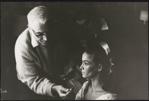 Portrait of Florinda Bolkan during final touches on a film set