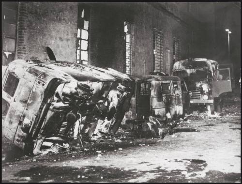 Three burnt out cars in the street, Battipaglia, 1969