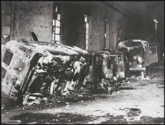 Three burnt out cars in the street, Battipaglia, 1969
