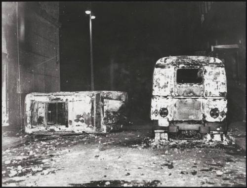 Two abandoned, burnt out vehicles, Battipaglia, 1969