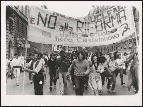 High school students from Liceo Castelnuovo in Rome march in a rally against nuclear energy and against the reform of the school system