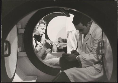 Research station, a man in breathing apparatus 