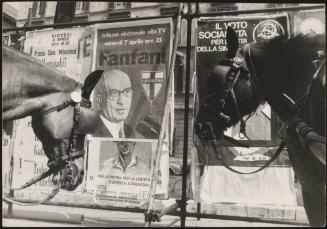 Two police horses waiting in front of political posters, one promoting Amintore Fanfani, the other the Socialist Party