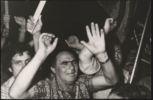 People cheer and raise their hands in the air at a protest