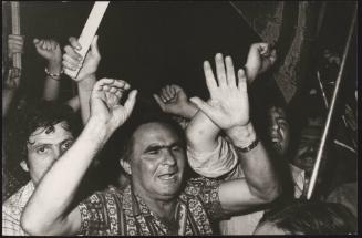 People cheer and raise their hands in the air at a protest