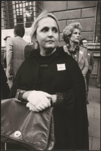Actresses Laura Betti and GIuliana Calandra at a political gathering in Rome supporting the 1978 law that legalized abortion in Italy, and that was being challenged in a referendum in 1981
