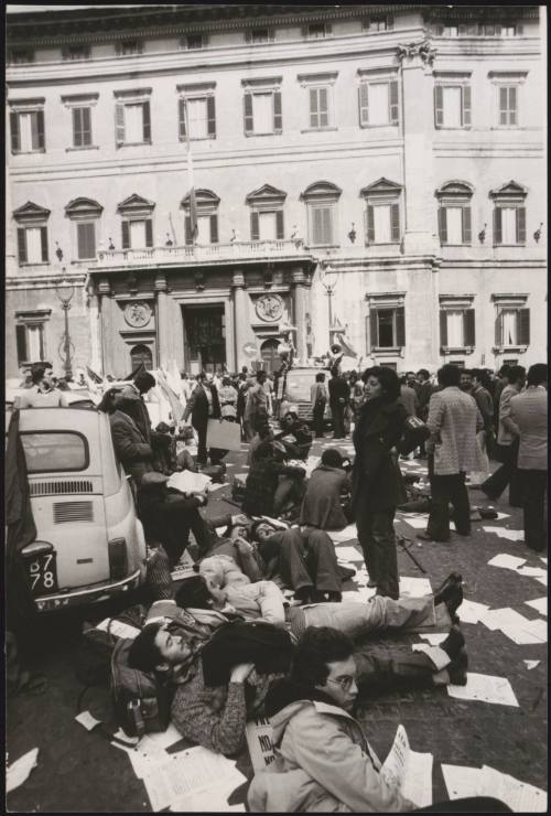 Earthquake victims who lost their houses in Sicily, Valle del Belice, protesting outside the main doorway to Parliament for new housing promised to them years ago and still not built 