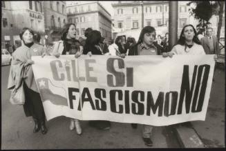 Anti Pinochet protesters with a banner