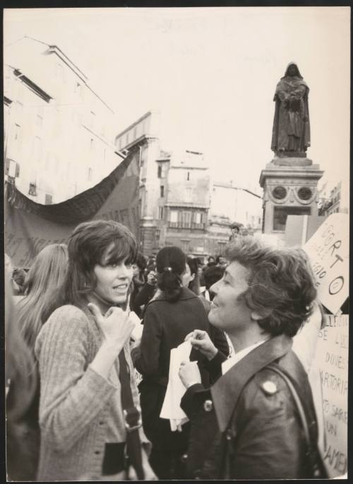 Jane Fonda joins a feminists' demonstration in Rome, February 1972