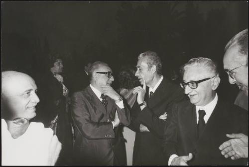 Amintore Fanfani, Mariano Rumor, Amintore Fanfani and Giovanni Leone socialising at an unspecified political event