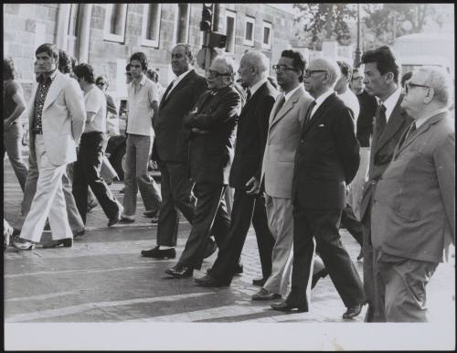 Prominent Communist politicians walk in a sombre line after the funeral of Pietro Secchia, an important member of the Italian Communist Party, who died after a long illness in July 1973. From left, they are Paolo Bufalini, Giancarlo Pajetta, Armando Cossutta, Umberto Terracini, Enrico Berlinguer and Emilio Sereni