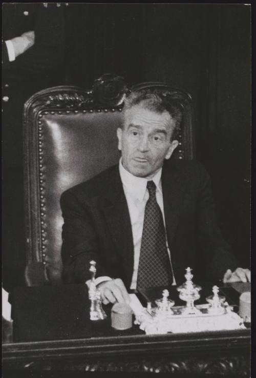 Pietro Ingrao, the President of the Italian Chamber of Deputies sitting immediately above Andreotti's bench, listening to the premier's speech, 4th August, 1976