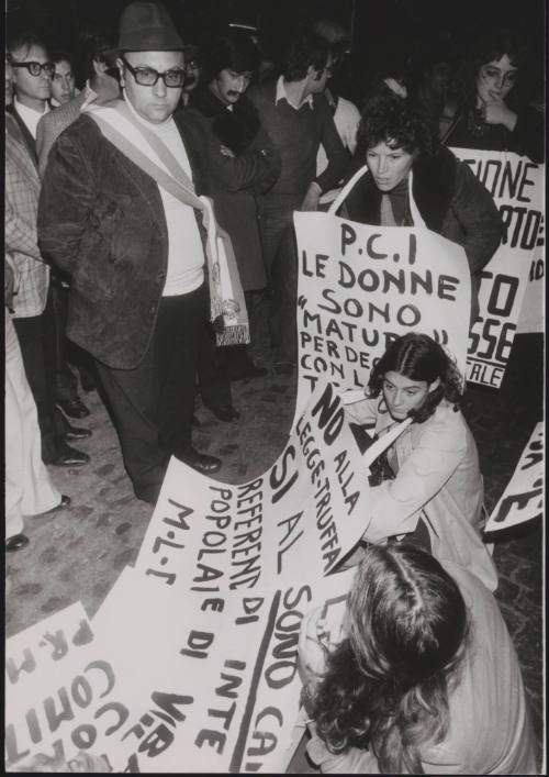 Women from the M.L.D- Movement for the Liberation of Women, sit down at a pro abortion protest