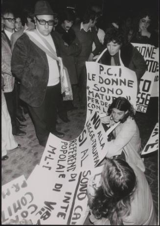 Women from the M.L.D- Movement for the Liberation of Women, sit down at a pro abortion protest