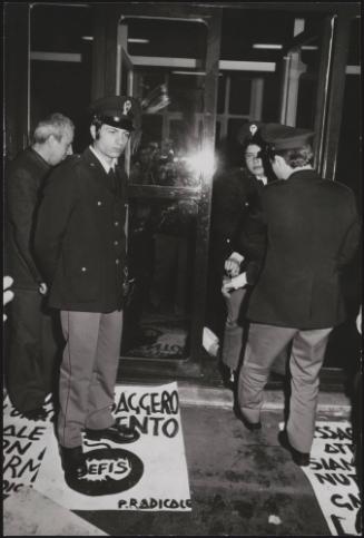 Members of the Radical Party with placards at RAI TV studio headquarters