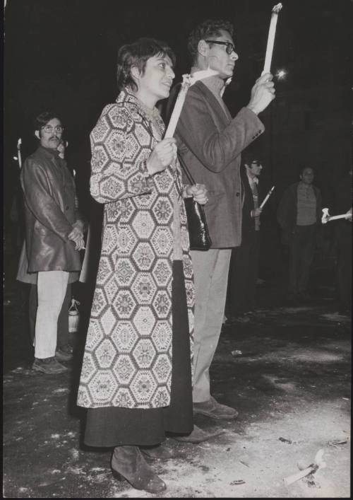 In Piazza Montecitorio, Rome, proponents of the Italian divorce law demonstrate for the adoption of the Law by holding up candles