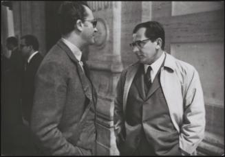 Two men in conversation, Eugenio Scalfari, the journalist and editor of La Repubblica newspaper on the right