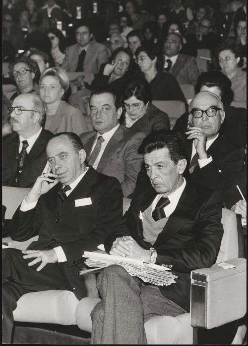 Tommaso Morlino and Enrico Berlinguer, Luigi Gui in the row behind on the right, at an event