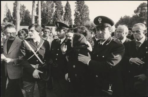 Police manage the crowds attending the funeral of Settimio Passamonti, 23rd April 1977, Rome
