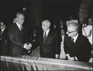 Politicians Amintore Fanfani, Pietro Ingrao and Giovanni Leone attend the funeral of assassinated Magistrate Vittorio Occorsi 