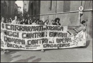 Demonstrators with a banner reading
"The tanks of Cossiga. Today against the young people. Tomorrow against the workers. Circolo association of the young proletariat. Cangaceiros"