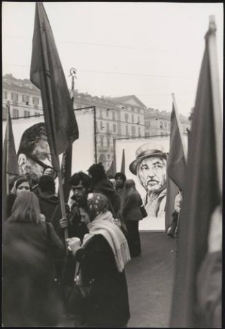 Flags and portraits of Pinochet at a Pro Chile demonstration in Rome