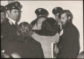 Pietro Valpreda hugs his mother and his aunt Rachele Torri during his trial in Rome, 1972