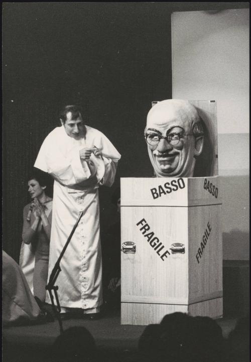 Pippo Franco performs a sketch dressed as a pope, with an effigy of the politician Lelio Basso 