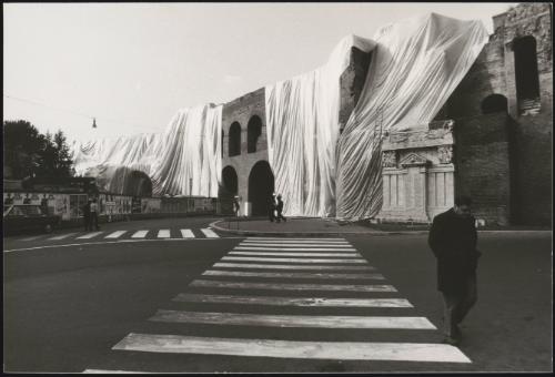 The Wall – Wrapped Roman Wall, Via Veneto and Villa Borghese, Rome, Italy, 1973-74. By artists Christo and Jeanne-Claude.