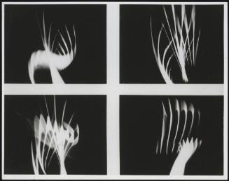 Grid of four images showing the work of Thomas Wilfred - 'Unfolding Op. 127', a kinetic sculpture where a sequence of light is placed in constant motion.