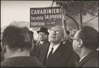President of the Republic Giuseppe Saragat talks to displaced residents in Salaparuta, Sicily after the Belice earthquake, 1968