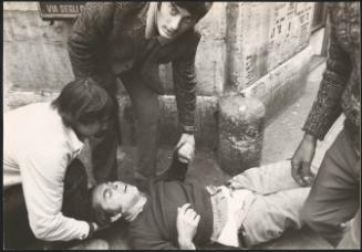 Earthquake victim wounded by the police during a protest in Piazza Montecitorio