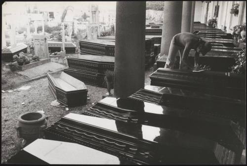Coffins line the edge of the cemetery after the Friuli earthquake claimed the lives of 939 people